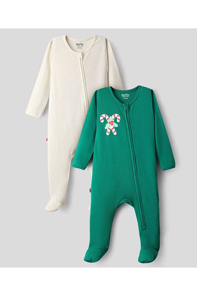 Bonfino GIRLS 100% COTTON FULL SLEEVES PRINTED SLEEPSUIT PACK OF 2 - IVORY, GREEN