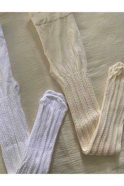 DÜVEN 2-Piece Girls Patterned Pantyhose (80 Den Medium Thick Seasonal Pantyhose) Vanilla & White