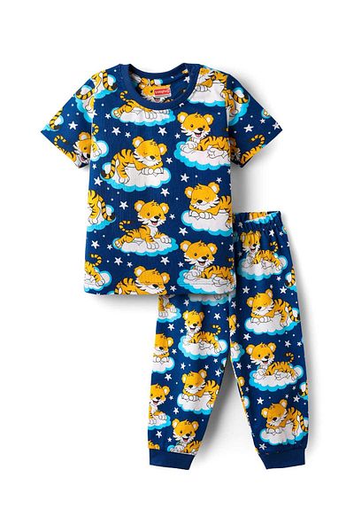 Babyhug Cotton Knit Half Sleeves T-Shirt and Pajama Set With Animal Print - Navy Blue
