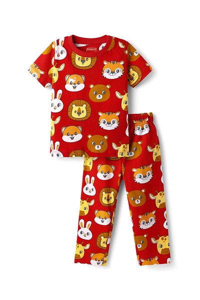 Babyhug Pyjama Set with Animal Print - Red