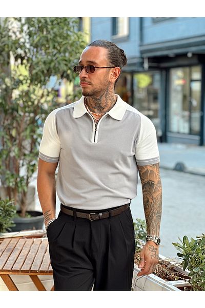 manch collection Double Color Knitwear Polo Collar Gray with Zipper Collar