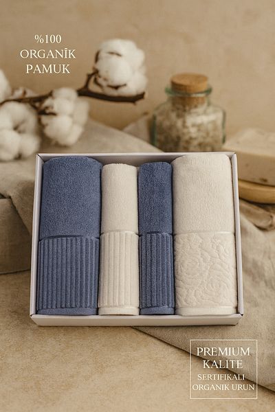 Evimcim Sevgi Turkish Bath Set Blue Cream 4 Piece Luxury 100 Cotton Bath and Hand Towel Set