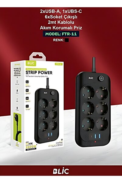 Blic Arell Teknoloji Ftr-11 2 Usb-A - 6 Soket -1 Ubs-C - 2mt Kablolu Akım Korumalı Priz