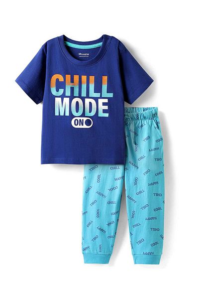 Honeyhap Night Suit With Bio Finish & Text Print - Navy & Scuba Blue