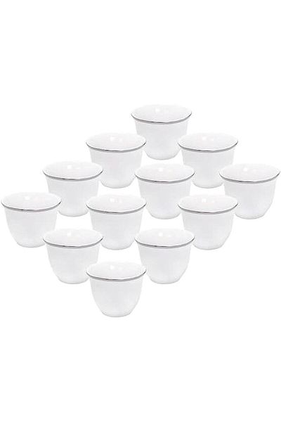 cc bin shihon 12pcs Arabic Coffee Cups Set Premium White Porcelain with Silver and Gold Rim 6.5cm Height