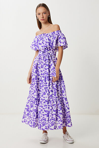 Lovelyİstanbul Φόρεμα με μοτίβο Carmen γιακά LFG0105 ΜΩΒ ΛΕΥΚΟ