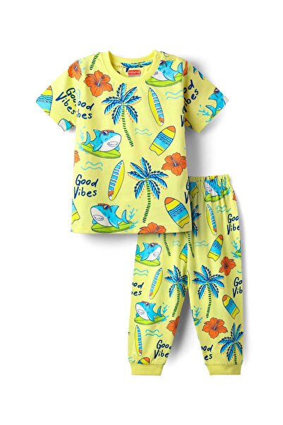 Babyhug Cotton Knit Half Sleeves T-Shirt and Pajama Set With Beach Theme Print - Green
