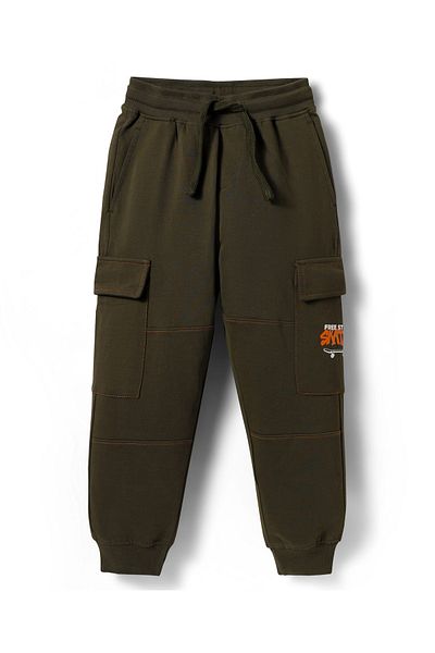 Pine kids Pine Kids Cotton Knit Full Length Lounge Pant With Skating Print & Cargo Pockets - Olive Green