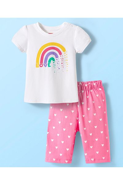 Babyhug Cotton Half Sleeves Capri Night Suit with Hearts & Rainbow Print - White & Pink