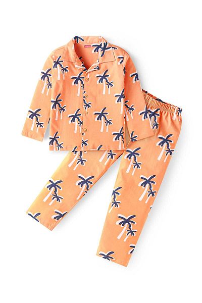 Babyhug Cotton Pajama Set with Coconut Tree Prints - Peach