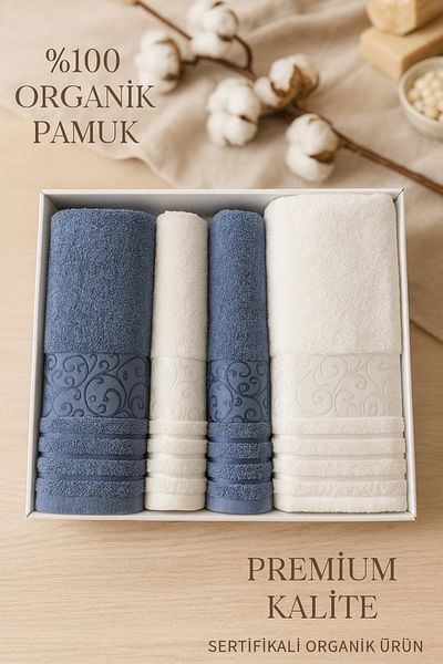 Evimcim Deren Bath Set Blue Cream 4 Piece Luxury 100 Cotton Bath and Head Towel Set