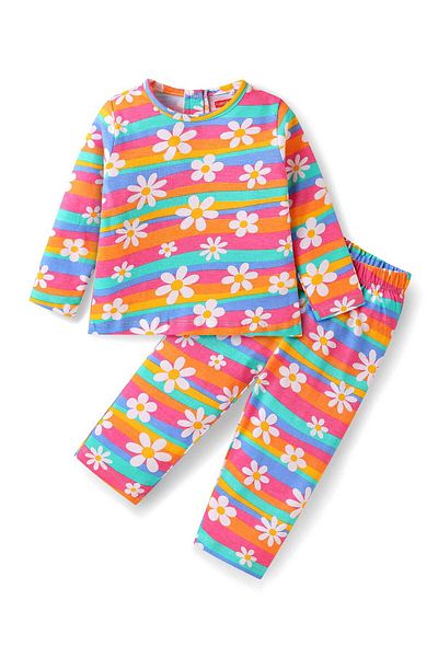 Babyhug Cotton Pajama Set with Floral Print and Stripes - Multicolor