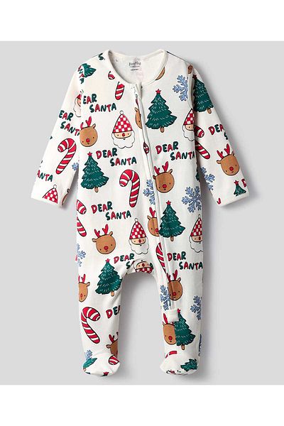 Bonfino GIRLS 100% COTTON FULL SLEEVES PRINTED SLEEPSUIT - IVORY