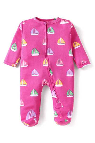 Babyhug Cotton Knit Full Sleeves Footed Sleep Suit With Boat Print - Dark Pink