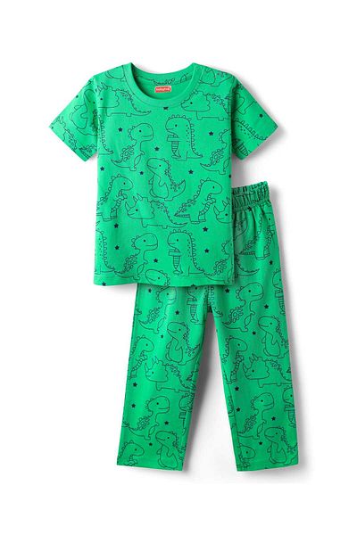 Babyhug Cotton Half Sleeves Night Suit with All Over Dino Print - Green