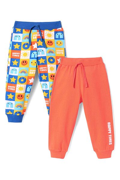 Babyhug Single Jersey Knit Full Length Printed Lounge Pants, Pack of 2 - Orange & Blue