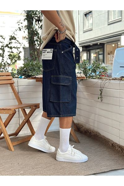 manch collection Cargo Pocket Baggy Fit Denim Shorts Navy Blue