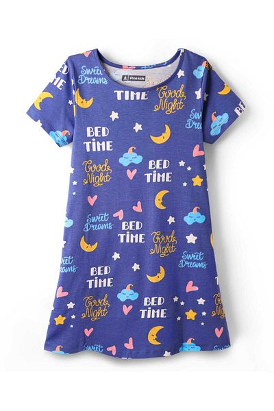 Pine kids Single Jersey Knit Half Sleeves Nighty with Text Print - Blue