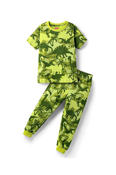 Babyhug Cotton Knit Half Sleeves T-Shirt and Pajama Set With Dino Print - Green