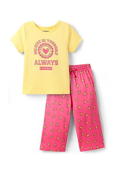 Pine kids Pine Kids Cotton Knit Half Sleeves Capri Night Suit with Text Print - Yellow & Pink