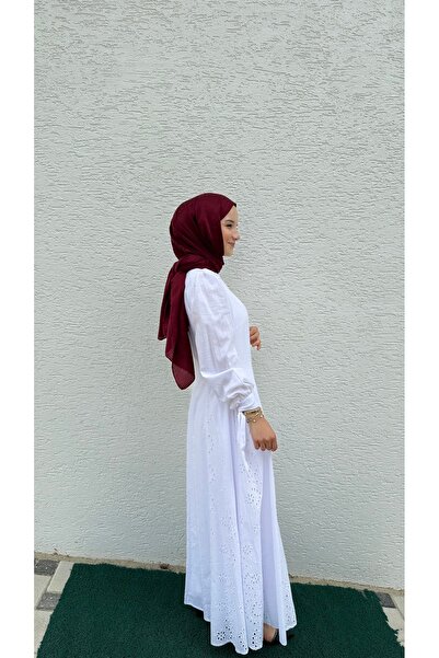 BURKAY Κομψό λευκό μακρύ φόρεμα με δαντέλα