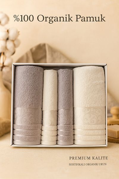 Evimcim Deren Bath Set Gray Cream 4 Piece Luxury 100 Cotton Bath and Head Towel Set