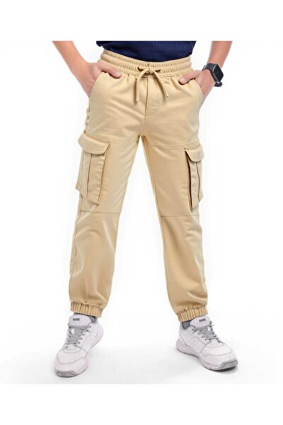 Pine kids بنطلون باين كيدز منسوج من القطن بطول كامل مع جيب - بيج