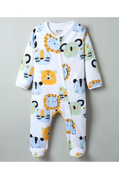 Bonfino 100% Cotton Full Sleeves Jungle Animals Printed Footed Sleep Suit - White