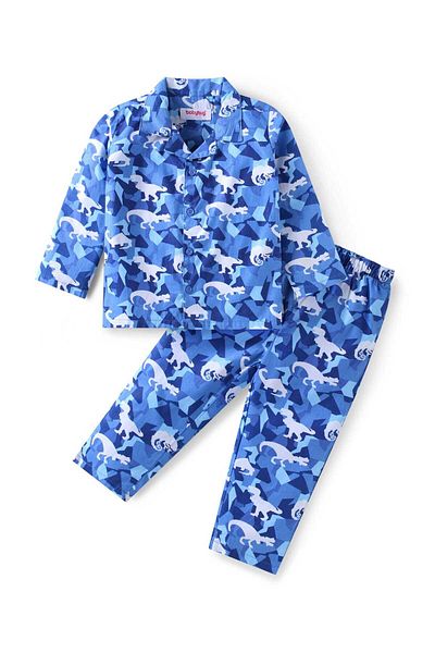Babyhug Cotton Pajama Set with Dino Prints - Blue