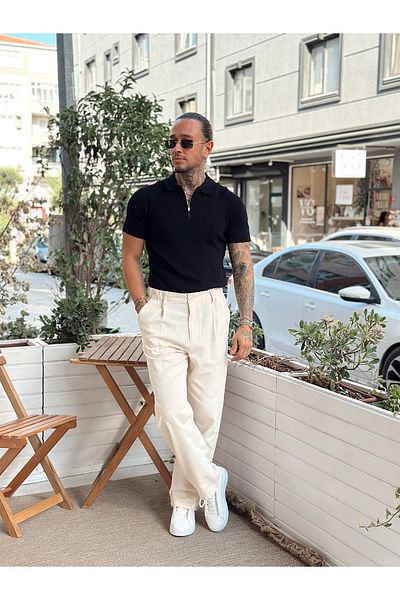 manch collection Zippered Collar Double Color Knitwear Polo Collar Black
