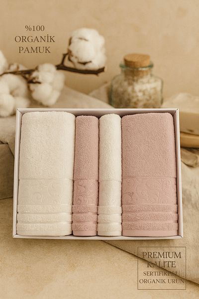 Evimcim Deren Bath Set Dusty Rose Cream 4 Piece Luxury 100 Cotton Bath and Head Towel Set