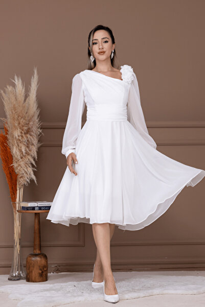 BEYBOS Şifon Kumaş Gül Detaylı Midi Boy Elbise - BEYAZ