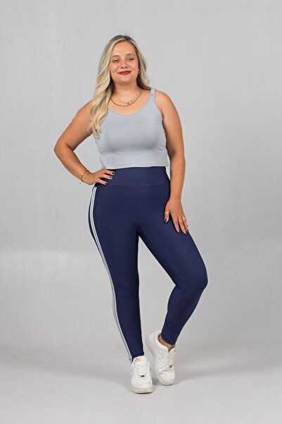 Truva XXL Konforlu ve Şık Büyük Beden Çizgili Lacivert Tayt