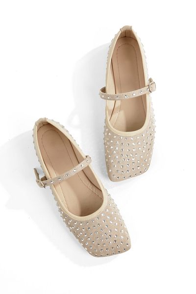 PİMORA '' Marta'' Skin Suede Stone Wide Blunt Trapezoidal Toe Helmeted Orthopedic Closed Ballerina New Season
