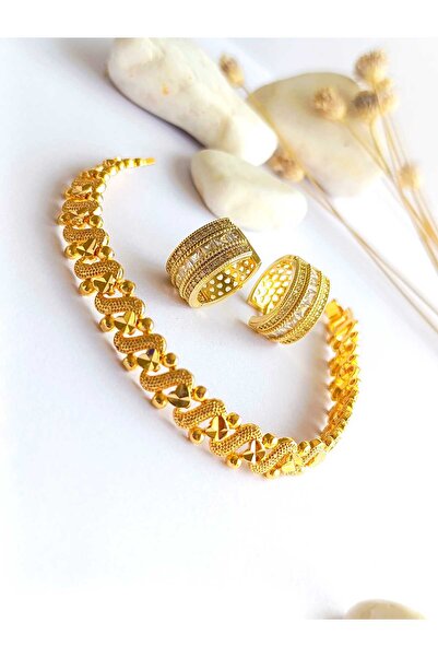 RSB Bijuteri Küpe Halka ve Bileklik Zirkon Taş Altın Kaplama 316 L Çelik 2'li...