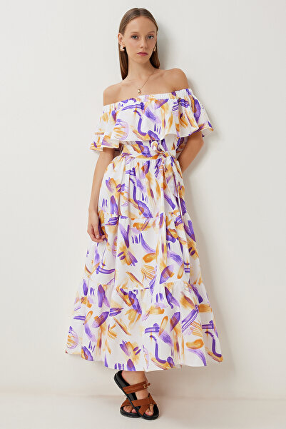 Lovelyİstanbul Φόρεμα με μοτίβο Carmen γιακά LFG0123 ORANJ PURPLE