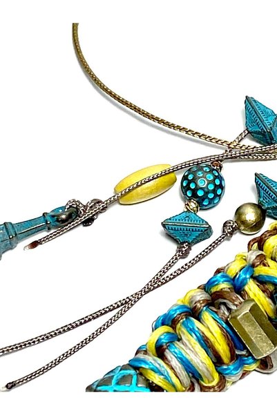 She Sells Handmade Yellow Turquoise and Brown Colored Bag Charm Keychain with Beads and Eiffel Detail