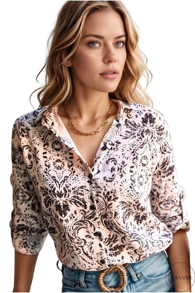 Cassime Cămașă neagră cu mânecă lungă din viscoză cu model etnic floral pentru femei