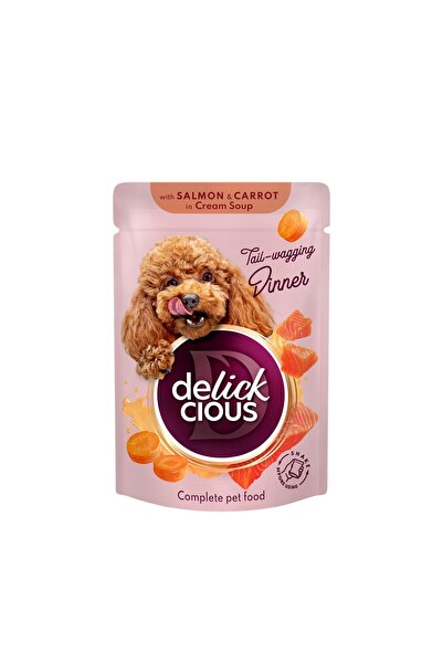 DELICKCIOUS Hrana umeda completa pentru caini adulti Stripsuri cu somon si morcov in supa crema, 85g