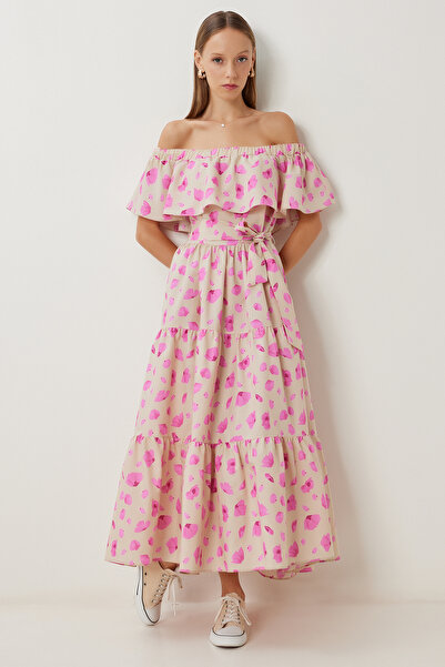 Lovelyİstanbul Φόρεμα με μοτίβο Carmen γιακά LFG0100 CREAM PINK