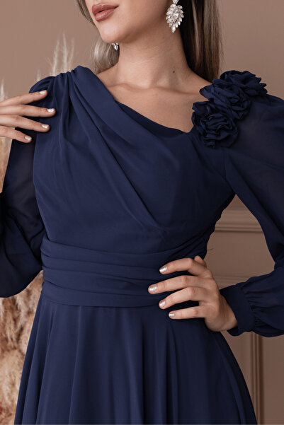 BEYBOS Şifon Kumaş Gül Detaylı Midi Boy Elbise - LACİVERT