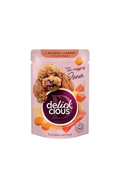DELICKCIOUS Hrana umeda completa pentru caini adulti Stripsuri cu somon si mo...