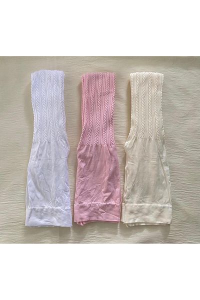 DÜVEN 3-Piece Girl's Patterned Colorful Medium Thick Seasonal Pantyhose Pink & Vanilla & White