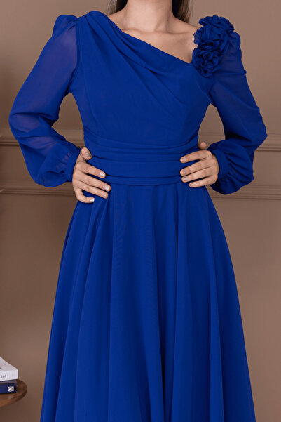 BEYBOS Şifon Kumaş Gül Detaylı Midi Boy Elbise - SAKS MAVİ