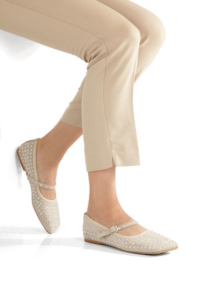 PİMORA '' Marta'' Skin Suede Stone Wide Blunt Trapezoidal Toe Helmeted Orthopedic Closed Ballerina New Season