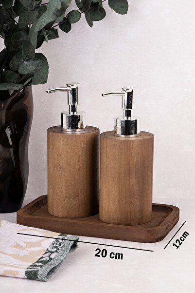 DNS HOME Σετ 2 τεμαχίων μοντέρνα σαπουνιέρα από φυσικό ξύλο με ξύλινη βάση 500 ml