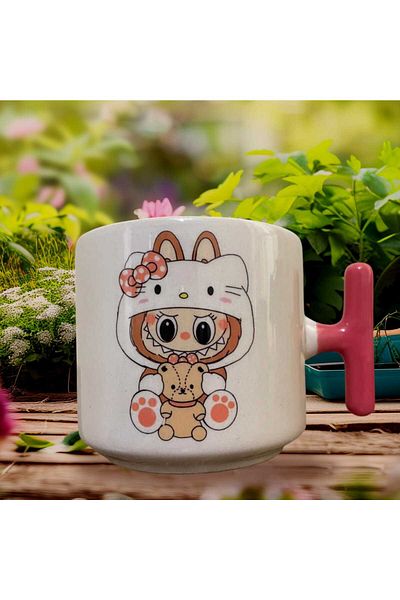 GameFruy Labubu Double Sided Printed Mug with Teddy Bear - Ceramic Tea, Coffee Gift Cup (Pink t)