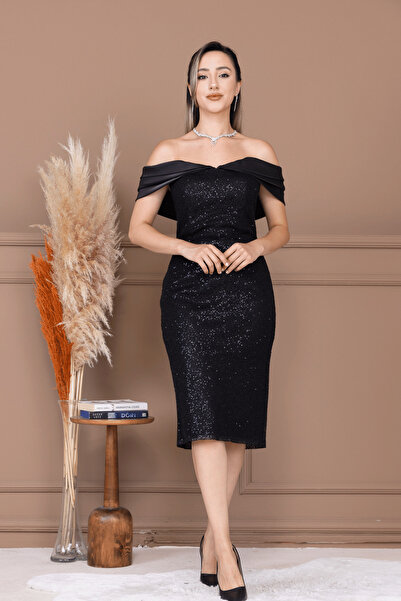 BEYBOS Rochie creion cu umăr dezactivat din dantelă cu paiete - NEGRĂ