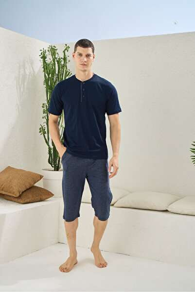 İpek Men's Short Sleeve Midi Collar Large Size 100% Cotton Capri Pajama Set