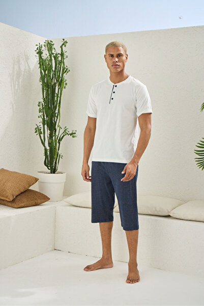 İpek Men's Short Sleeve Midi Collar Large Size 100% Cotton Capri Pajama Set